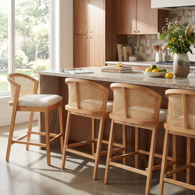 Ensemble de 4 tabourets de comptoir en bois naturel Canebreak avec revêtement beige, Natural