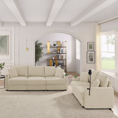 Canapé moderne avec ensemble 2 places et causeuse avec rangement, canapé à siège profond avec porte-gobelets et porte-téléphone, canapé en velours côtelé beige