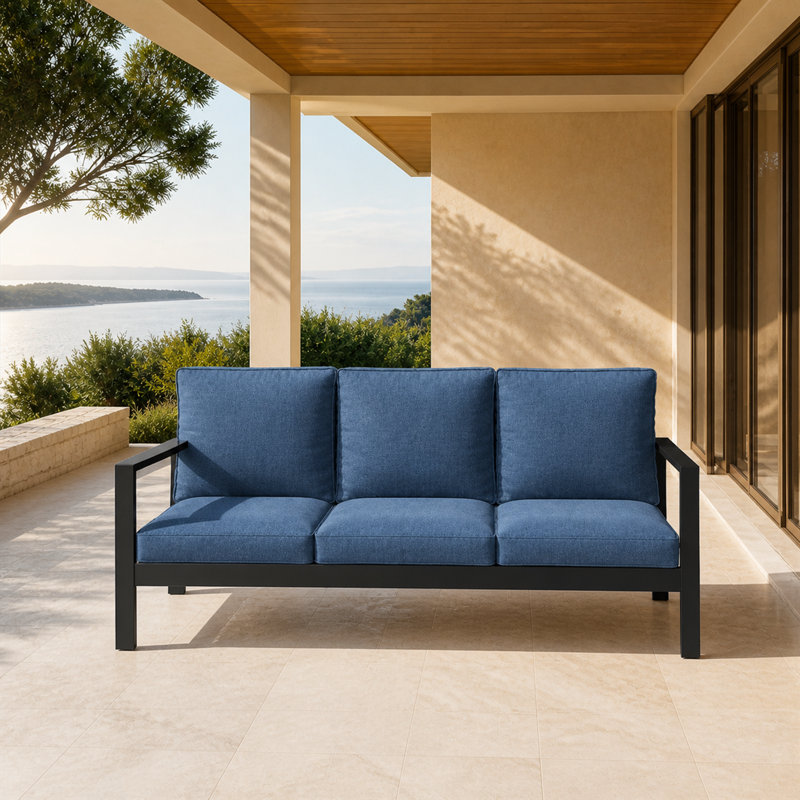 Canapé extérieur 3 places en aluminium de 75 pouces avec coussins, Bleu / Noir