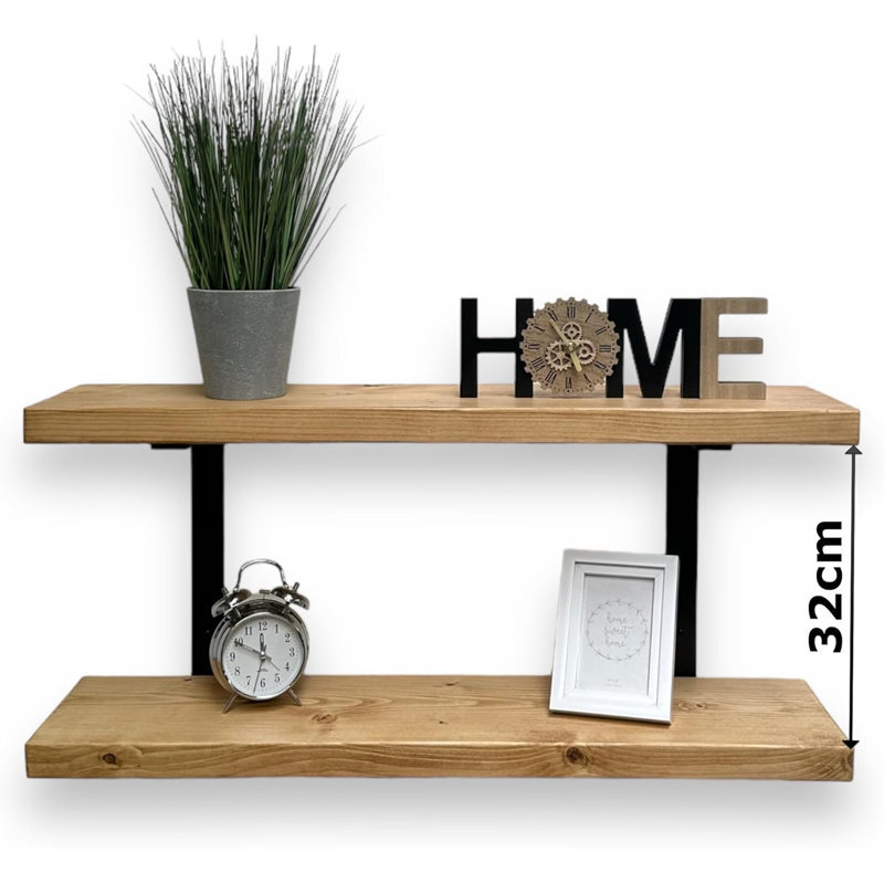 Choudhary Double Rustic Shelves Wall-Mounted Brackets Kitchen Decor, 45cm H x 120cm W x 22cm D, Rustic Pinewood