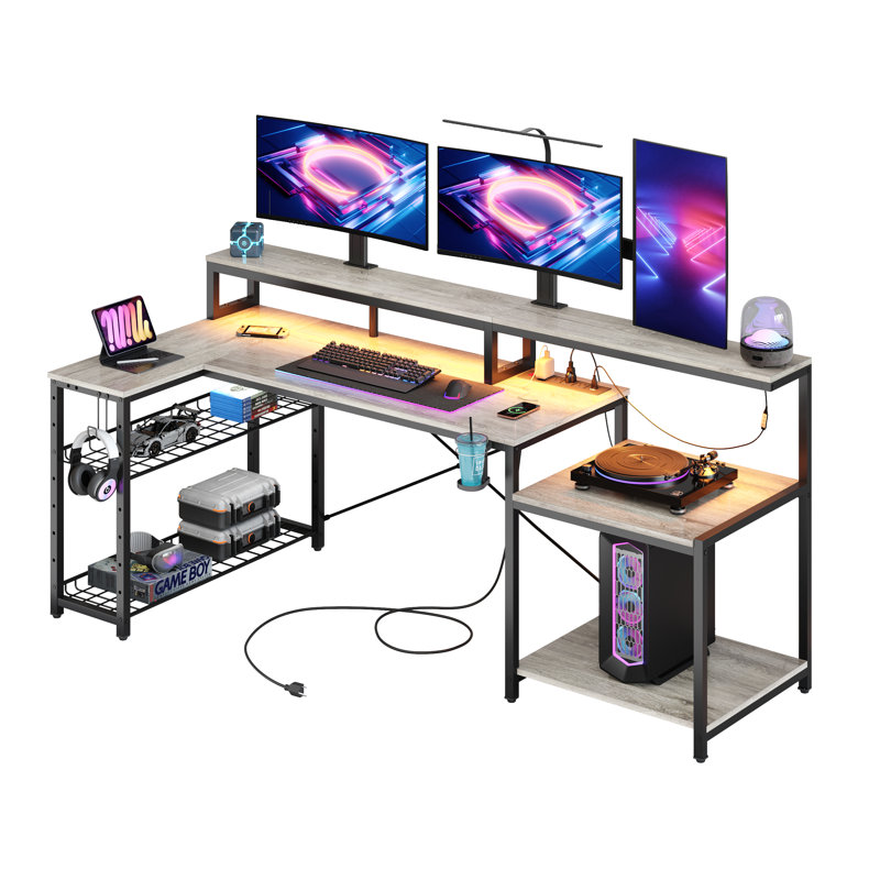 Bureau d'ordinateur en L 71,5 "avec prise de courant et support pour moniteur Minaya, Noir, H 35,8 po x l 71,5 po x P 19,7 po