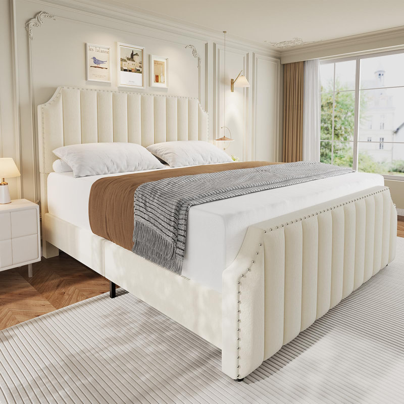 Queen Size Velvet Bed Frame, 50.2 in Tall Headboard & Footboard, Upholstered Platform Queen Bed Frame with Nailhead Trim, No Box Spring Needed, Noise Free, Solid Wooden Slats, Beige