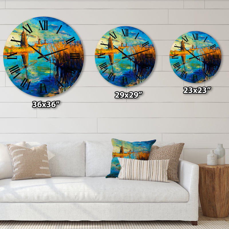 Windmills By The Deep Blue Lake - Horloge murale nautique et côtière, Grand