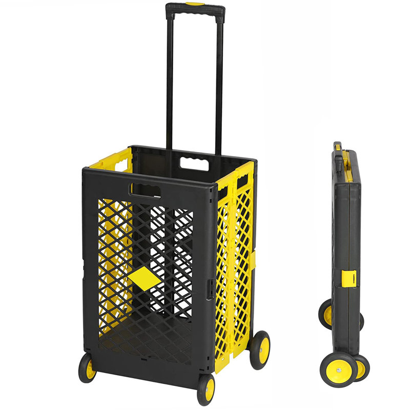 55L Foldable Rolling Cart with Wheels, Portable Updated Utility Tools Rolling Crate w/ Telescopic Handle, Yellow