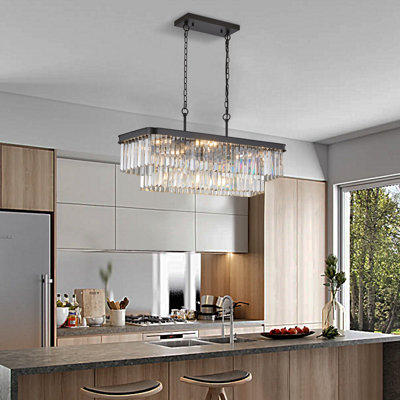 Lustres, lustre en cristal rectangulaire réglable, lumières en cristal industrielles modernes E12, plafonnier en fer de style campagnard pour cuisine, salon, chambre à coucher / noir (ampoule non incluse)