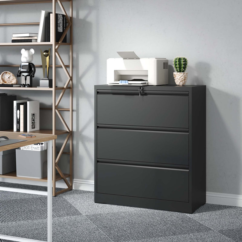 Black Steel 3-Drawer Lockable Lateral Filing Cabinet