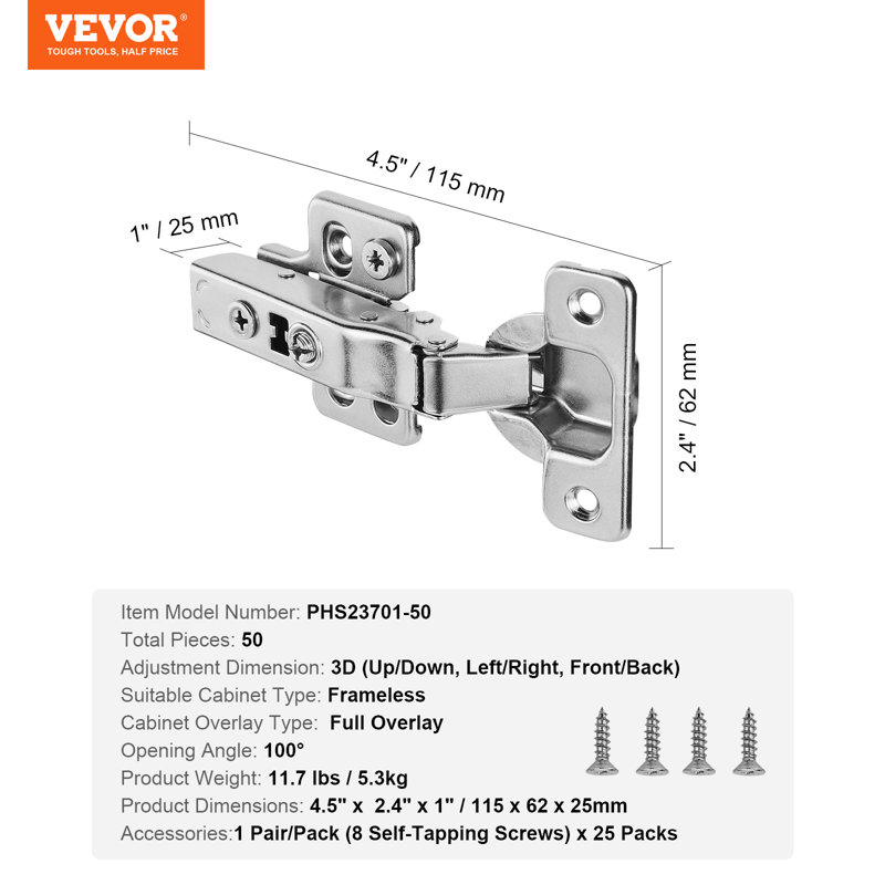 Soft Close Full Overlay Cabinet Door Hinges for Frameless Type, 50