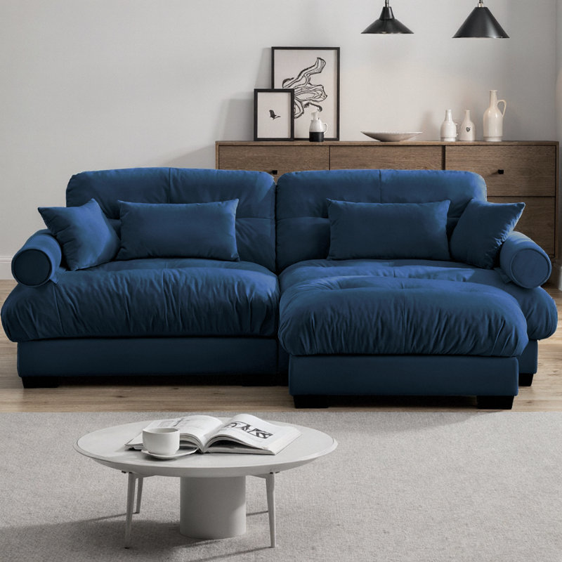 Oversize Modern L-Shape Sectional Sofa Two-Seater with Ottoman, Velvet Upholstery with Round Bolster Armrests, Includes Waist Pillow & Throw Pillows