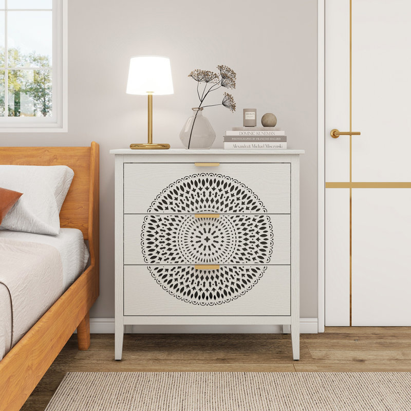 Commode 3 tiroirs avec commode à 3 tiroirs creux et poignées en métal, Beige