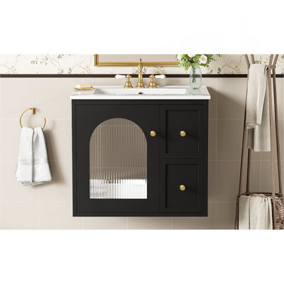 Ensemble de meuble-lavabo mural 24 po pour petit espace, armoire de salle de bain avec lavabo en céramique, 2 tiroirs et 1 porte à fermeture en douceur