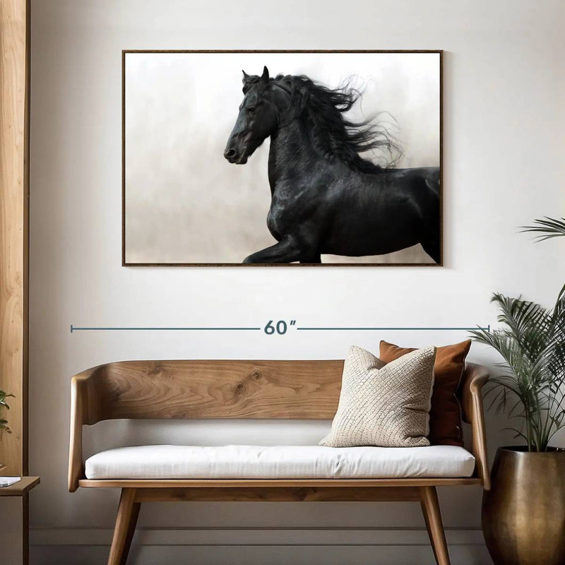 Cheval frison noir, 46 po x 31 po, Cadre flottant noyer