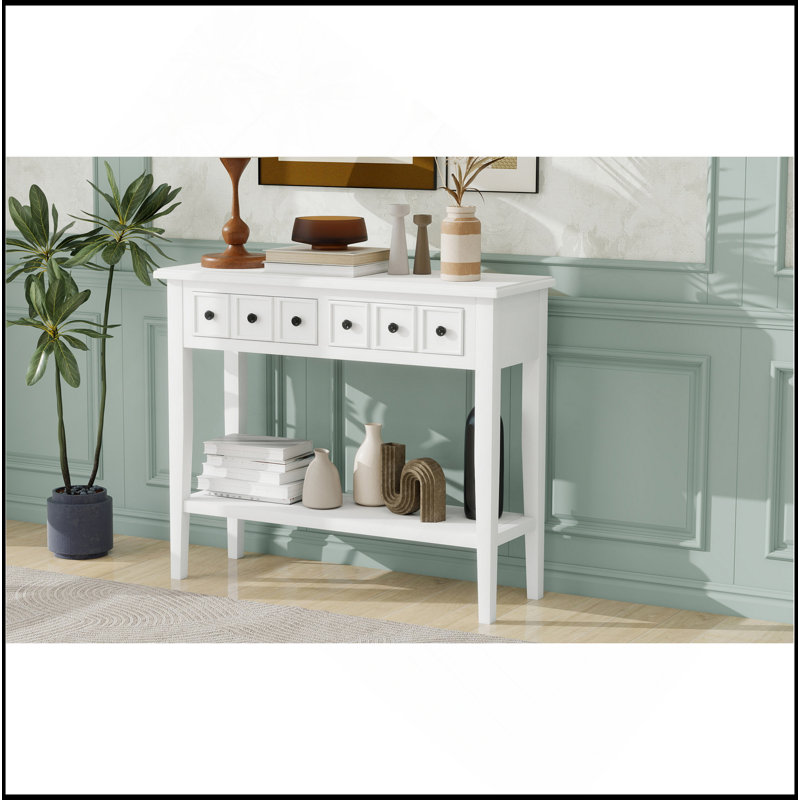 Table d'entrée avec 2 tiroirs, console rustique avec tablette ouverte et pieds en bois d'hévéa pour les entrées, les salons et les couloirs (blanc)