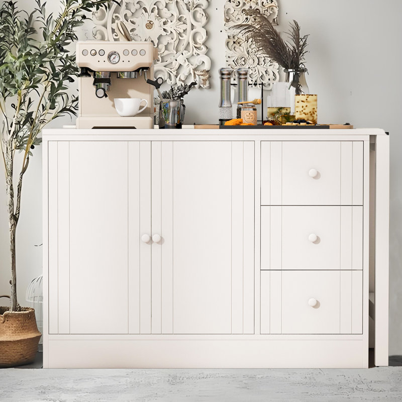 Îlot de cuisine de ferme avec table de salle à manger extensible, armoire de rangement convertible, Blanc, Blanc