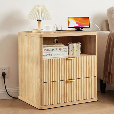 Nightstand with Charging Station, 2-Drawer Bedside Table with USB-c & Outlets, Modern End Table with Marble-Like Top & Storage Shelf for Bedroom
