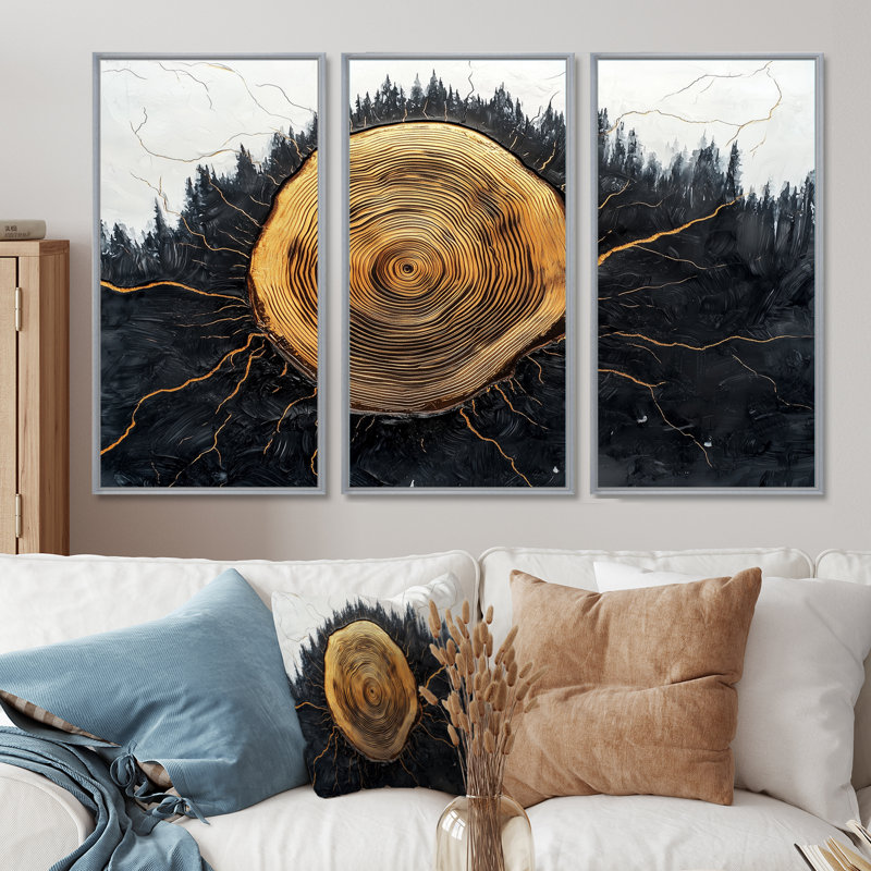 Glace en bois forêt sur cristal onyx noir - décoration murale forêt - 3 pièces, H 28 po x l 36 po, Argent argent