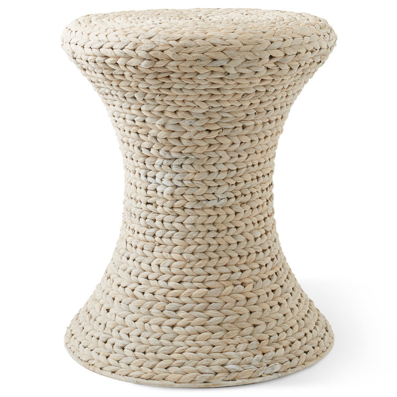 Hourglass Accent Table Water Hyacinth Round Side Table Boho End Table, Whitewash, Ivory