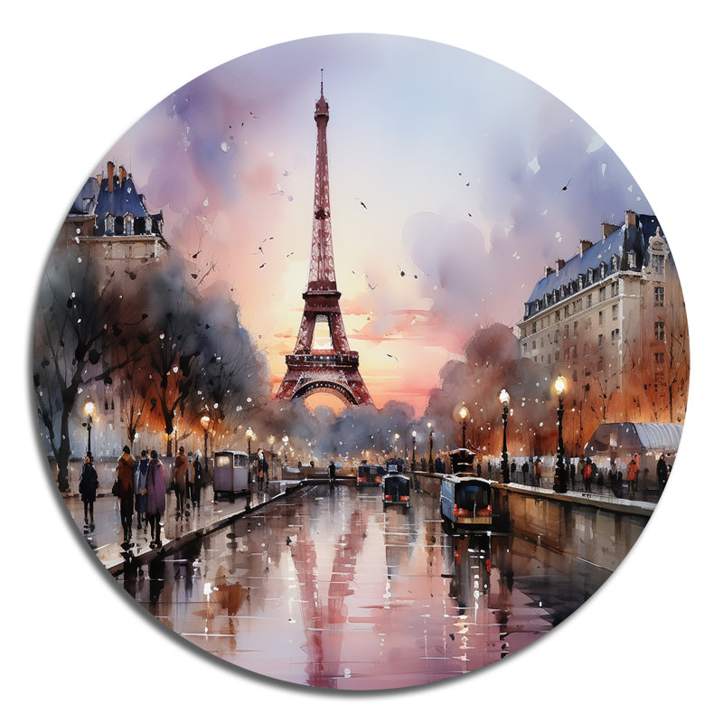 «Spinks Pink Twilight Rendezvous In Paris III - Cityscapes Round Metal Art», H 29 po x l 29 po x P 1 po
