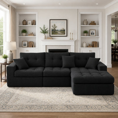 Canapé-lit en coin avec méridienne à compression Corduroy, canapé modulaire en forme de L avec éponge à haute densité, canapé convertible sans assemblage requis pour le salon, appartement, chambre d'amis (noir)