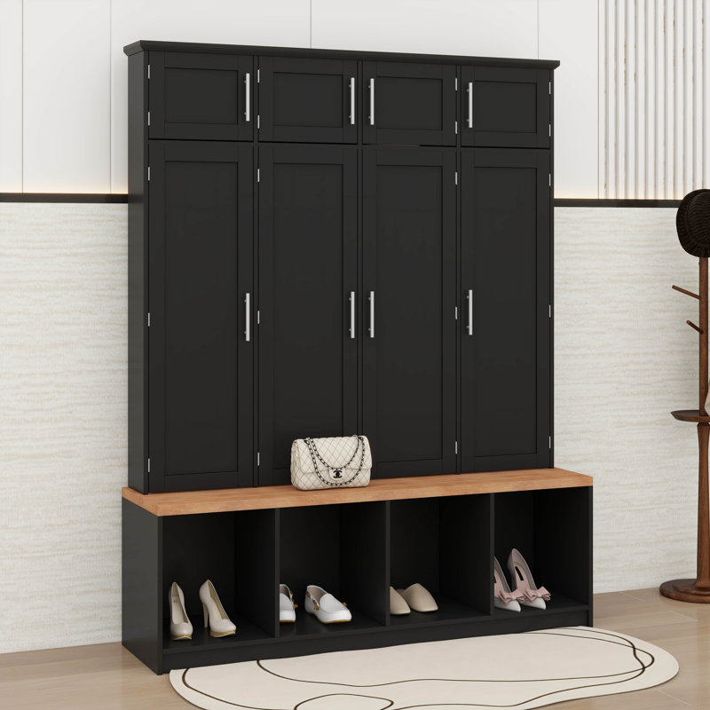 Farmhouse Hall Tree With Hanging Hooks, Mudroom Bench With Open Compartments, Black