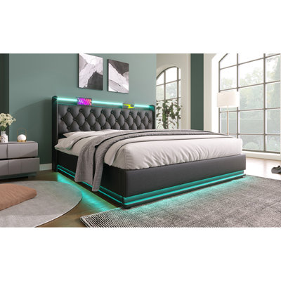 Queen Size Upholstered Bed - 360 Led, Hydraulic Storage, Type-C, Black Pu Fabric With Storage & Type-C Advantage