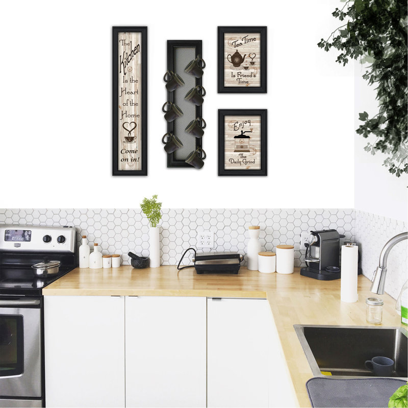 "Kitchen Collection V" 4-Piece Vignette with 7-Peg Mug Rack by Millwork Engineering, Black Frame