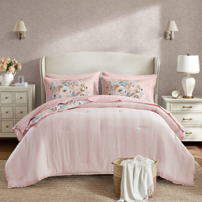 Édredon 7 très grand lit en microfibre rétro rose, respirant et doux, deux motifs, microfibre, lit complet pour un style de chambre à coucher avec des accents floraux, confortable en toutes saisons, décoratif harmonieux