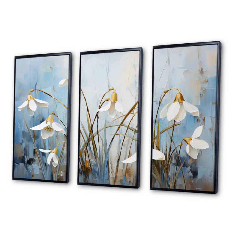 Ensemble de salon art mural bleu et doré Flower Simplicity III - Snowdrops, Cadre flottant noir, H 40 po x l 60 po x P 1 po