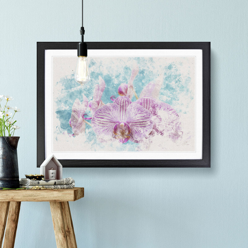 Lilac and Pink Orchids Watercolour - Picture Frame Graphic Art Print, 45cm H x 63cm W x 2cm D, Black Framed