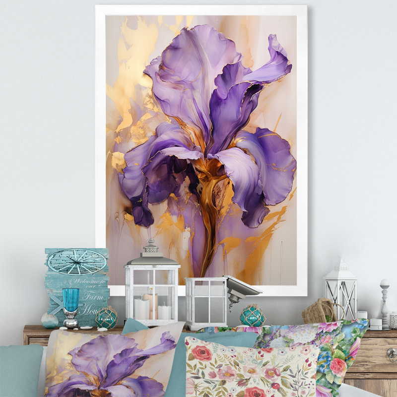 Iris doré - Rêve mauve - iris, art mural grand format, H 44 po x l 34 po x P 1,5 po, Cadre simple blanc