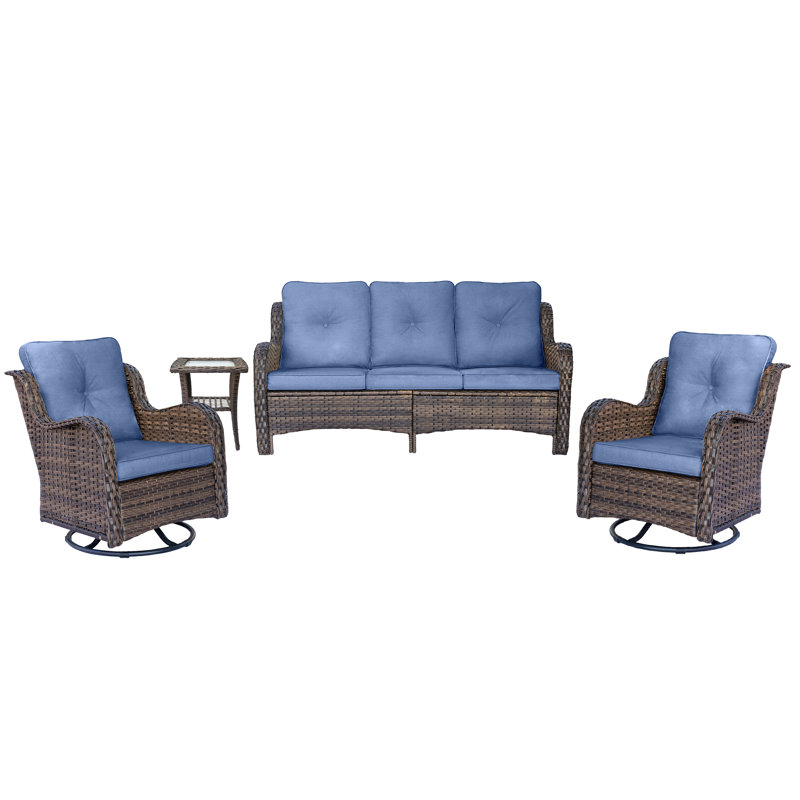 Shariden 5 - Person Patio Conversation Set with Cushions, Denim Blue, Brown