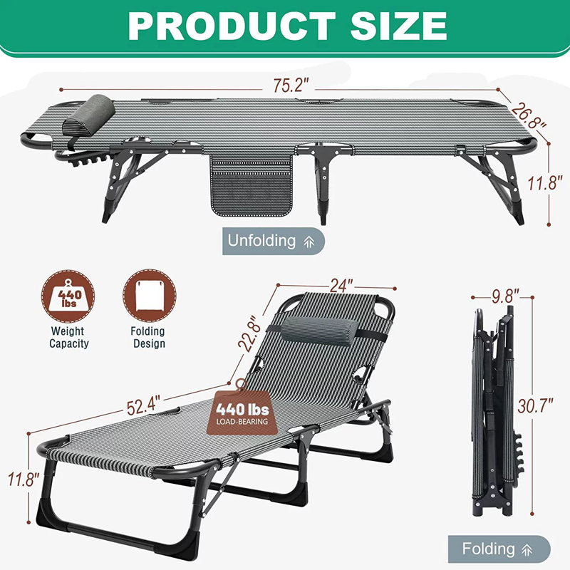Lits de couchage avec matelas et oreiller à 2 côtés, lit de camping pliable, 5 positions réglables