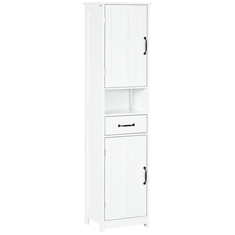 Bathroom Linen Cabinet Storage - Tall Slim With Open Shelf, Drawer, Recessed Doors & Adjustable Shelves, White Tower