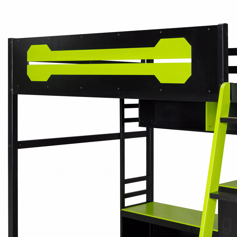 Full Size Wooden Frame Material Loft Bed Frame With Desk, Shelves, With Led Lighting Function Lights, With Usb Charging Function Ports And Pegboard, In Black Finish+Green