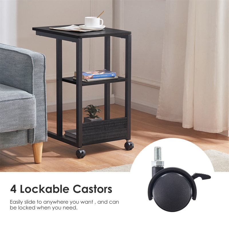 Table de bout en forme avec roues verrouillables, rangement à deux niveaux, table d'appoint roulante pour canapé ou chambre à coucher