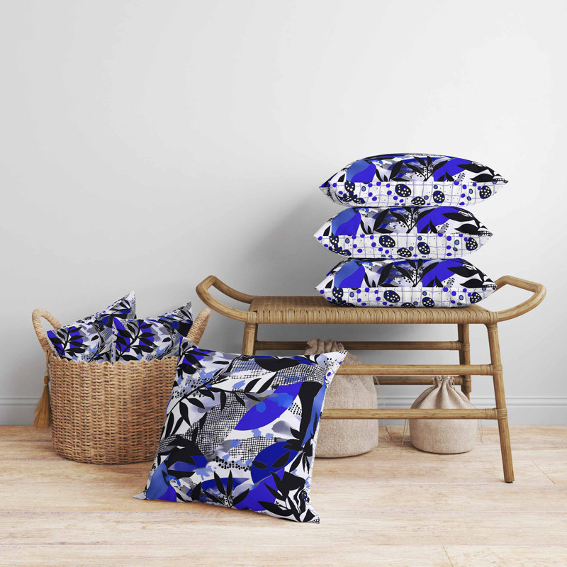 Coussin Leafy, Bleu / noir / blanc, Carré 16 po