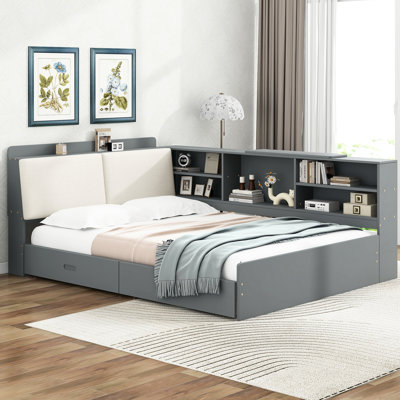 Lit plateforme double en bois gris avec tête de lit, tablettes, 2 tiroirs de qualité supérieure - Pin + fiabilité à long terme