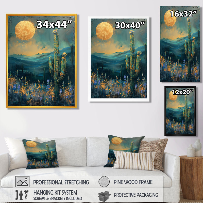 Cactus vert, orange, désert, éveil, coucher de soleil - décoration murale cactus floral, H 20 po x l 12 po x P 1 po