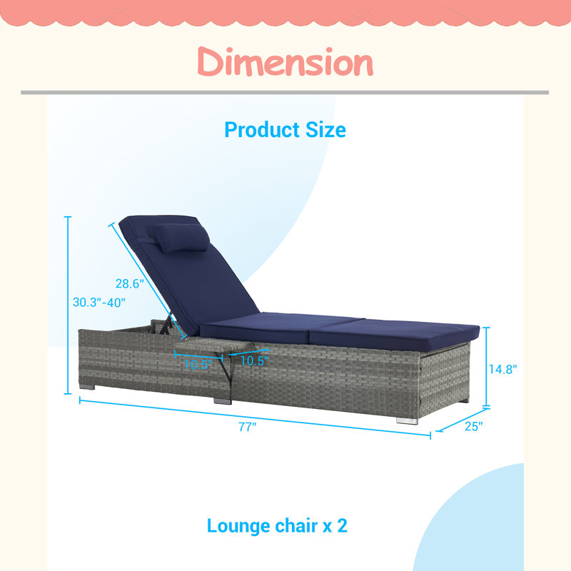 Outdoor Chaise Lounge Chair Set Of 2 With Patio Pool Chairs Tanning Lounges For Outside,Beach Rattan Recliners, Navy Blue