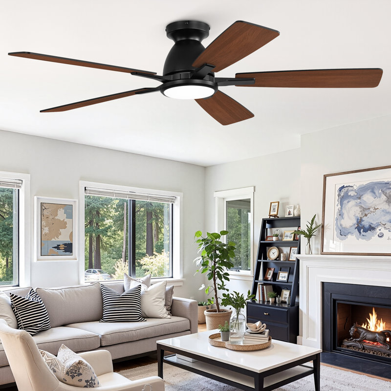 Cissline 52" 5 - Blade Flush Mount Black Ceiling Fan With Led Lights, Controled With Remote Control Or App, Black, 52"