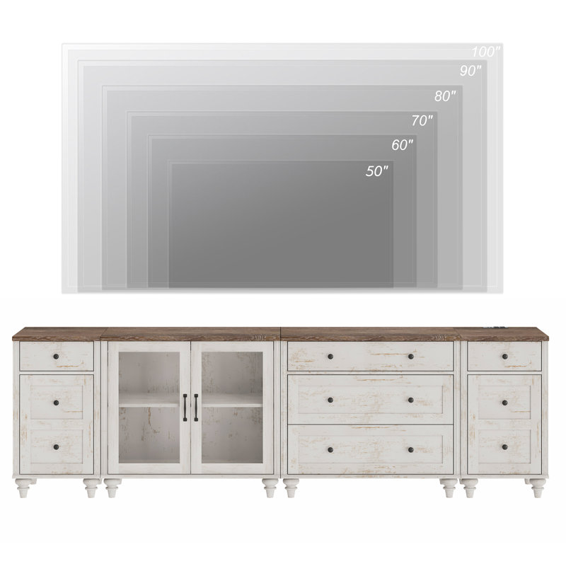 Scarlett Large TV Stand For 85 Inch TV, LED TV Console Table For 85 Inch TV, Entertainment Center With Charging Station&Glass Door, Kitchen Sideboard Buffet Cabinet For Dining Room