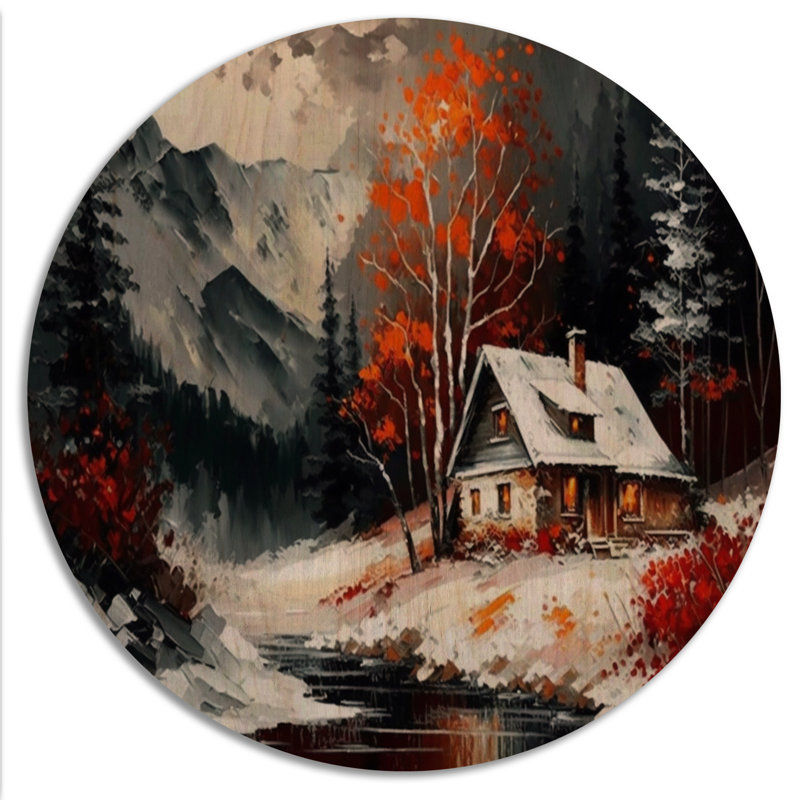 Mono orange chalet en hiver V - Art mural en bois paysage - bois de pin naturel, H 23 po x l 23 po x P 1 po