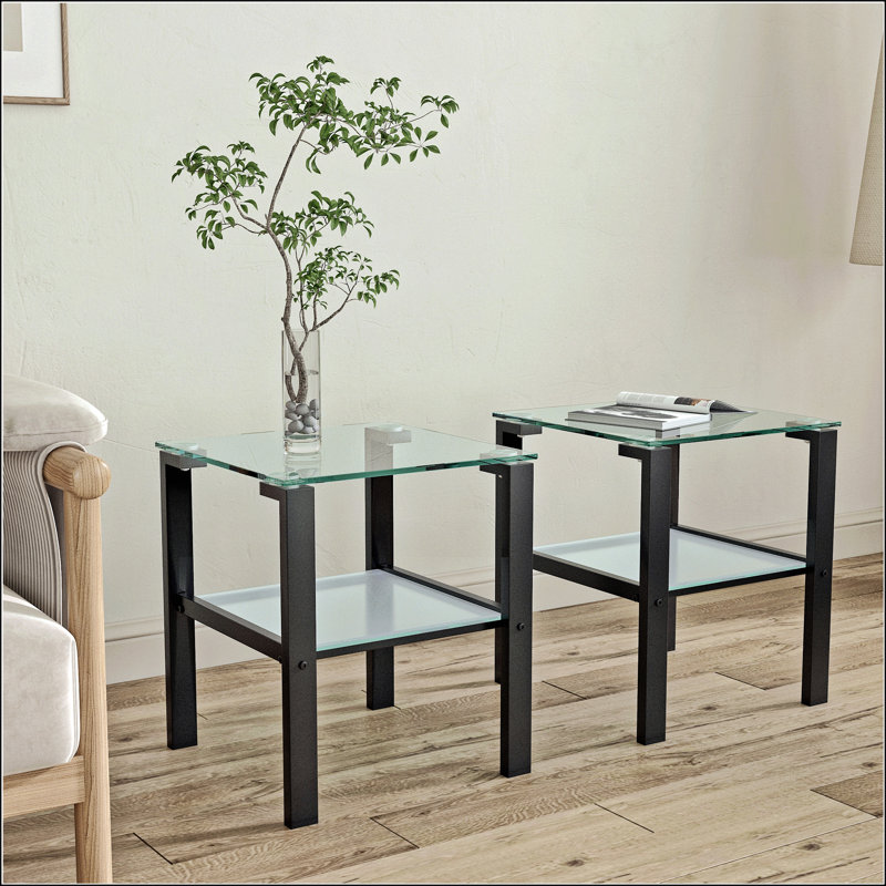 Set Of 2 Glass Two Layer Tea Table, Transparent/Black