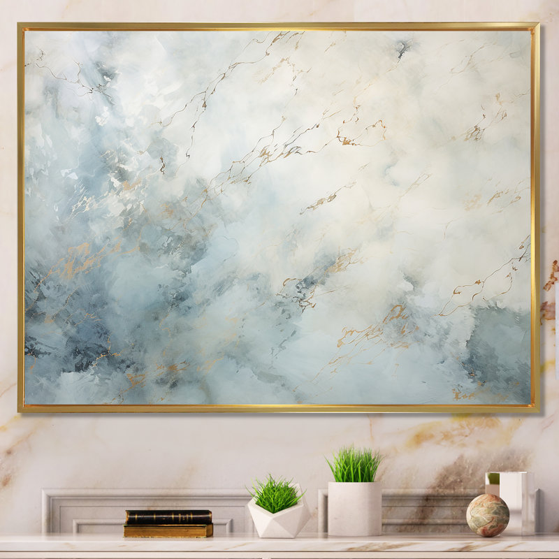 «Blue and White Snow Blooming - Abstract Shapes», art mural, Cadre flottant doré, H 16 po x l 32 po x P 1 po