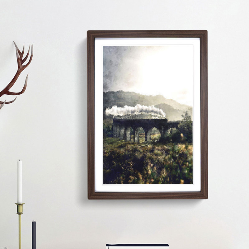 Steam Train over Glenfinnan Viaduct - Picture Frame Painting Print, 63cm H x 45cm W x 2cm D, Walnut Framed