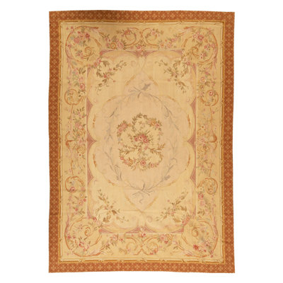 Tapis unique noué à la main beige / brun / vert / rose de haute qualité
