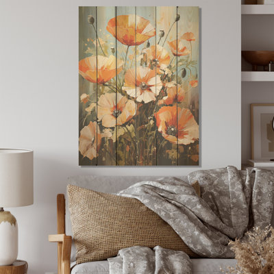 Poppies Meadow Orange Ovation - coquelicots, art sur bois de pin naturel