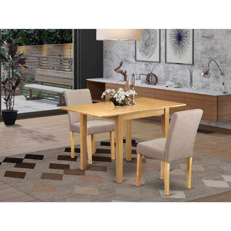 3 Piece Kitchen Table Set Contains a Rectangle Dining Table with Dropleaf and 2 Light Tan Linen Fabric Parson Dining Room Chairs, Oak