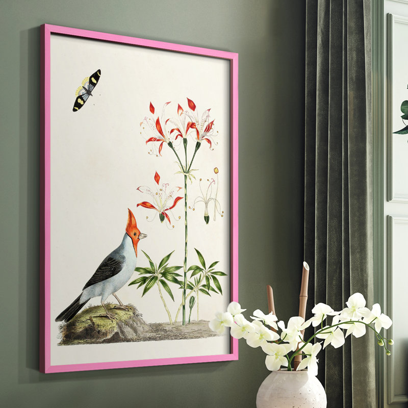 Bird in Habitat I, reproduction encadrée - bois massif, Rose, H 10 po x l 8 po
