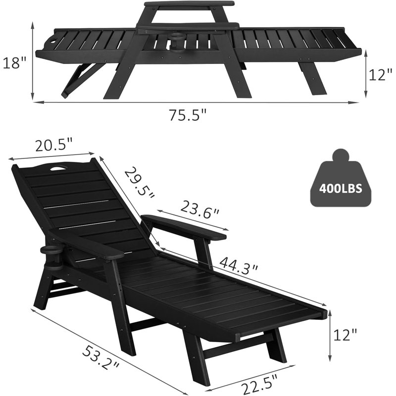 Chaise longue d'extérieur inclinable en PEHD , Noir