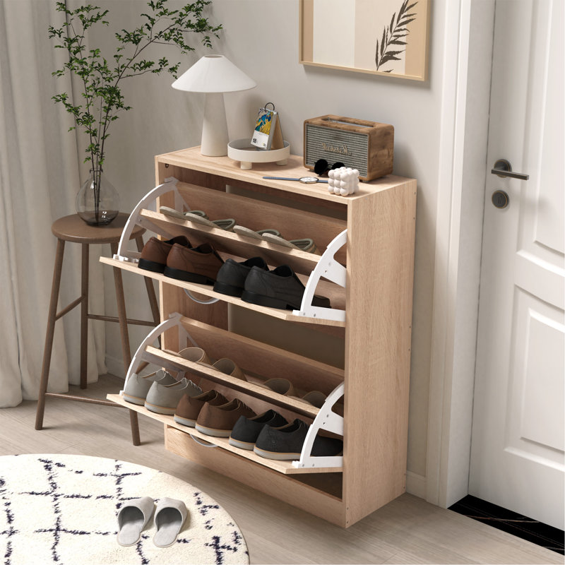 Wooden Shoe Cabinet for Entryway, White Shoe Storage Cabinet with 2 Flip Doors